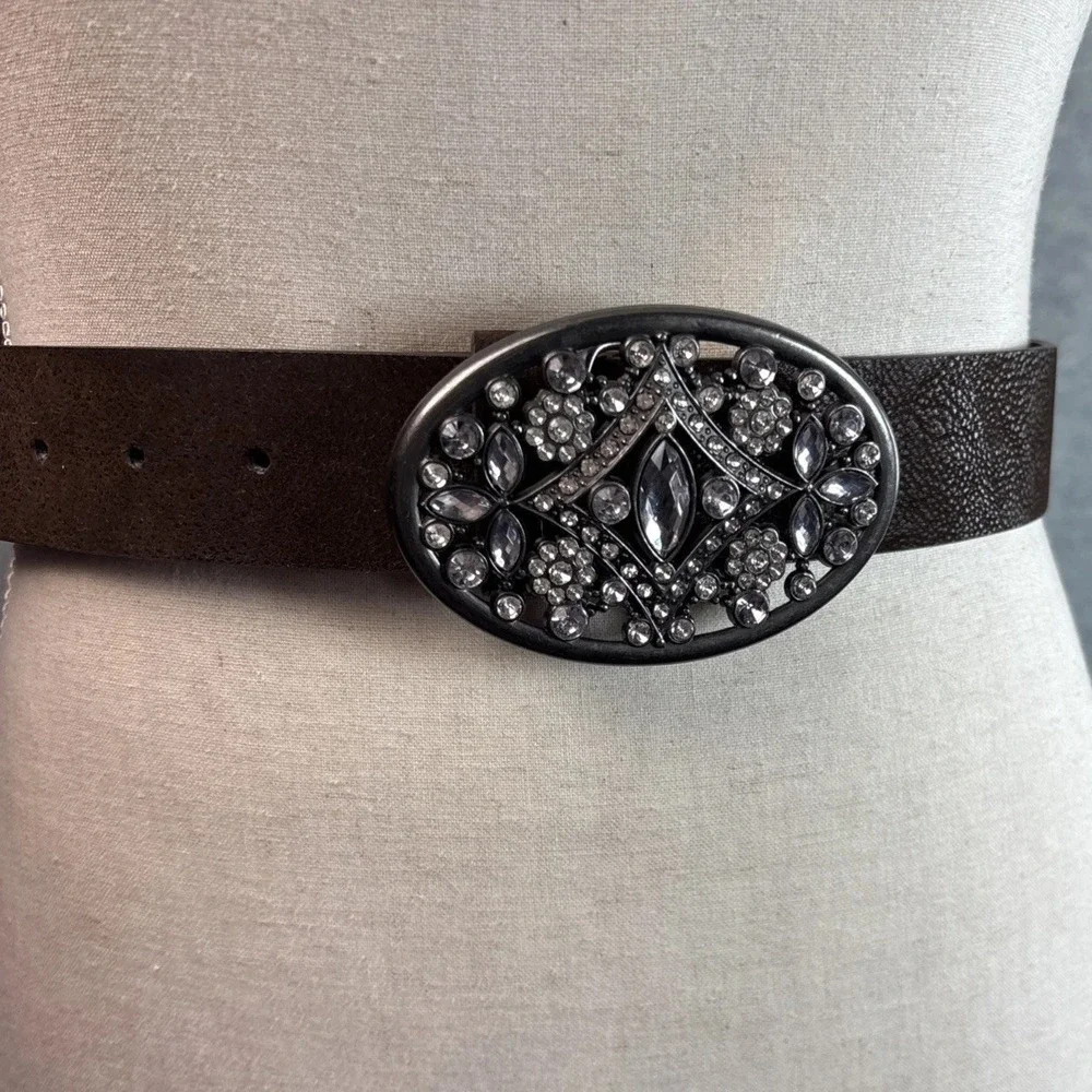 Brown Faux Leather‎ Belt Bling Crystals Buckle 29-33